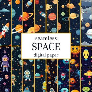 Puede incluir: Un conjunto de 12 papeles digitales con un patrón sin costuras de ilustraciones con temática espacial. Los patrones incluyen planetas, estrellas, cohetes, astronautas, extraterrestres y otros objetos relacionados con el espacio. Los papeles son perfectos para crear proyectos digitales, como scrapbooking, creación de tarjetas e invitaciones.