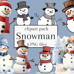 Cute Snowman digital clipart pack of 8 PNG files for t-shirt design, web design, stickers, magnets, prints, scrap books, book illustrations