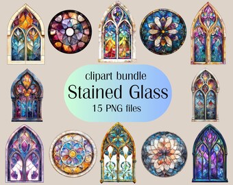 Stained Glass Windows Watercolor Clipart: Gothic Mosaic PNG Images (Digital Download)