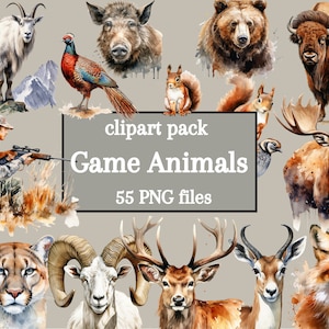 Paquete de 55 imágenes prediseñadas PNG de animales de caza y caza en acuarela para cazadores, diseño de sitios web, álbumes de recortes, revistas, ilustraciones de libros, pegatinas