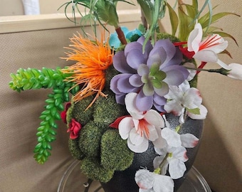 Glass Vase Centerpiece, Charcoal, Multi-Color Succulents, Mini Red Roses