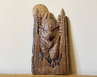 Wooden carved bison and moon wall hanging, Handcarved wooden bison, Forest animal decor, Buffalo, bison in the woods, wood carving Oak decor