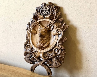 Wood deer with axes Wall art Wallpaper Reindeer Stag Red deer Wall decor Tapestry Celtic Pisa on wood Wood carving