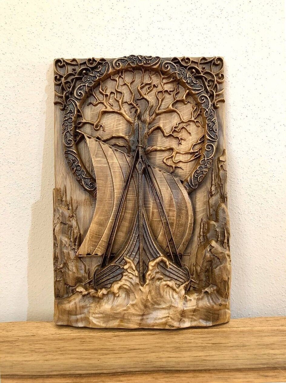 Viking Ship, Tree of Life, Wooden carved picture Oak Scandinavion Viking boat Drakkar art norse mythology Gods Pagan Heathen Asatru Celtic