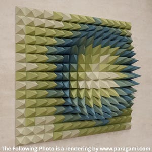 Puede incluir: Arte mural geométrico con un diseño 3D. La obra de arte presenta un patrón repetitivo de formas triangulares en tonos verdes, azules y crema. El texto en la parte inferior dice "The Following Photo is a rendering by www.paragami.com."