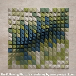 Puede incluir: Una obra de arte mural cuadrada y abstracta con un diseño geométrico en 3D. La obra presenta un patrón de pequeñas formas triangulares en tonos de verde, azul y blanco roto. El texto en la parte inferior dice "The Following Photo is a rendering by www.paragami.com."
