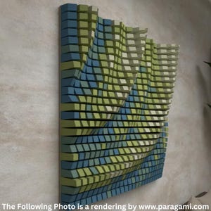 Puede incluir: Arte mural abstracto con un diseño en capas de pequeños bloques cuadrados en tonos azules, verdes y blancos. Los bloques crean un patrón ondulado, montado en una pared de color neutro. El texto en la parte inferior dice: The Following Photo is a rendering by www.paragami.com.