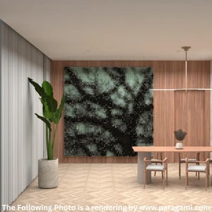 Puede incluir: Un comedor moderno con una gran obra de arte de árbol pixelado en la pared. La habitación cuenta con una mesa de madera, sillas y una planta en maceta. El suelo tiene un patrón de espiga.