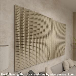 May include: A large, beige, geometric wall panel with a wave-like design. The panel is made of numerous horizontal, rectangular pieces that create a textured surface. The panel is mounted on a light-colored wall, adding a modern touch to the room.