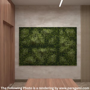 以下が含まれることがあります： 密集した質感のある緑色の表面を持つ長方形の壁の芸術作品。おそらく苔または同様の植物素材が画像全体を占めています。アートワークは明るい色の壁に取り付けられており、木製のパネルと手前のテーブルがあります。下部のテキストは「The Following Photo is a rendering by www.paragami.com」と記載されています。
