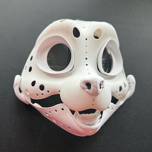 May include: White unpainted 3D printed animal mask with large eyes, a small nose, and a wide open mouth. The mask has a spotted pattern and is designed for fursuit making.