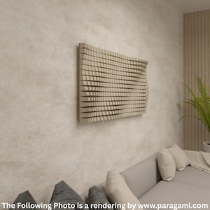 May include: A beige, wave-patterned wall art piece. The artwork is rectangular and mounted on a light-colored wall. The design features a series of horizontal, layered elements that create a three-dimensional effect. The piece is displayed above a gray sofa with pillows.