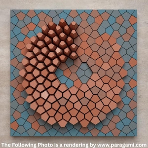 以下が含まれることがあります： 抽象的な幾何学的なウォールアート。スパイラルデザインで、オレンジと茶色の六角形の形が多数あり、青色の背景に配置されています。この作品は3D効果があり、視覚的に魅力的です。