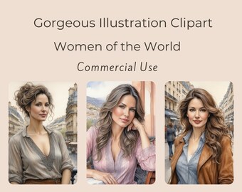 Watercolor Beautiful Woman Portraits, Women Illustration Images, Travel Illustrations, Women Clipart, Commercial Use Digital, Junk Journal