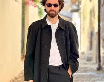 Long coat in pure virgin wool Loro Piana, dark grey, made in Italy, vintage