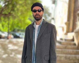 Vintage Grey Wool Cashmere Long Coat for Men
