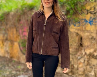 Short jacket in genuine suede leather in vintage brown color
