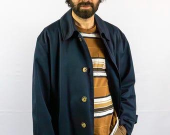 Long trench coat in dark blue poly-cotton with vintage tartan lining