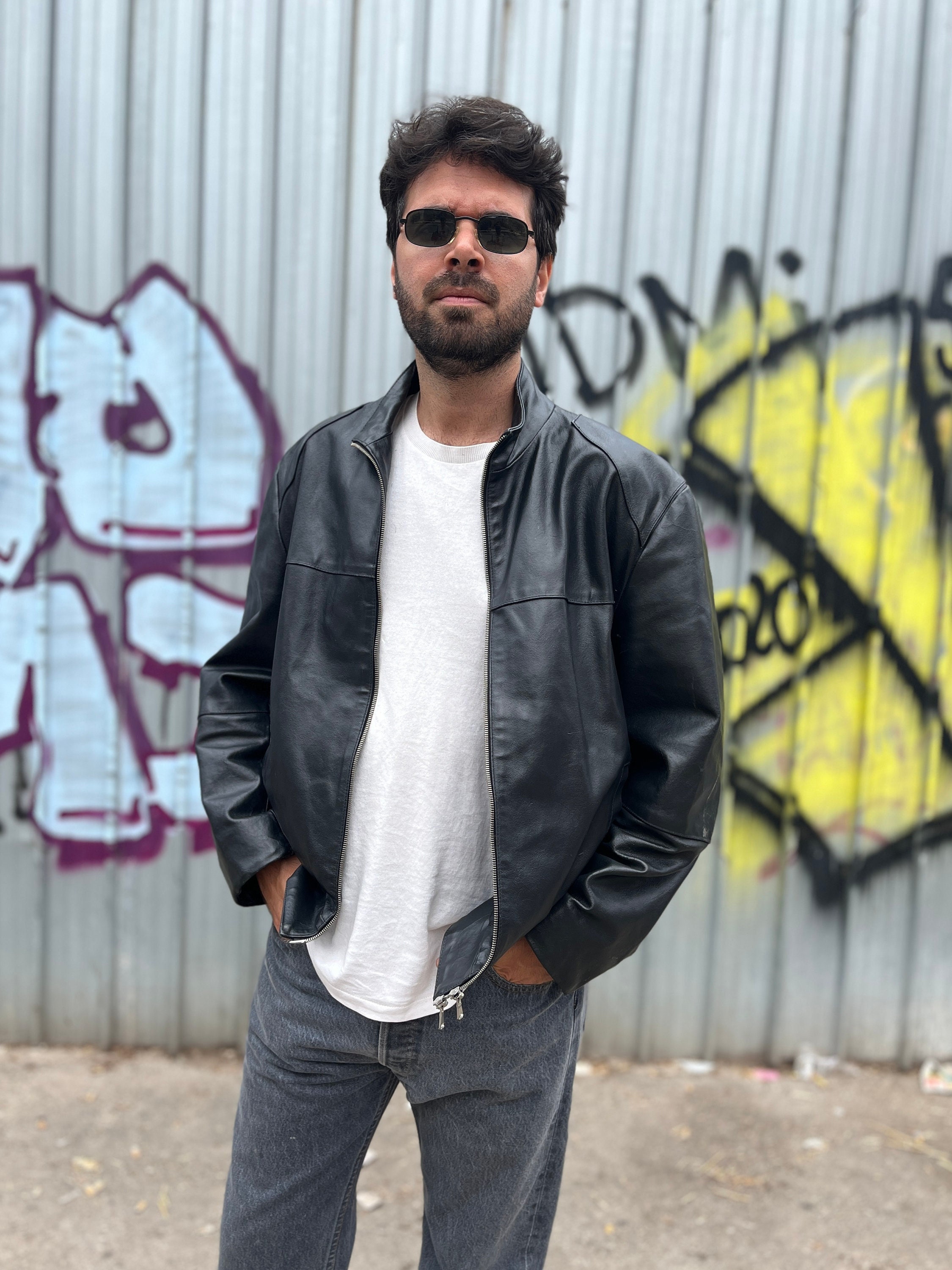 Vintage 90s Black Leather Bomber Jacket Genuine Leather Jacket 