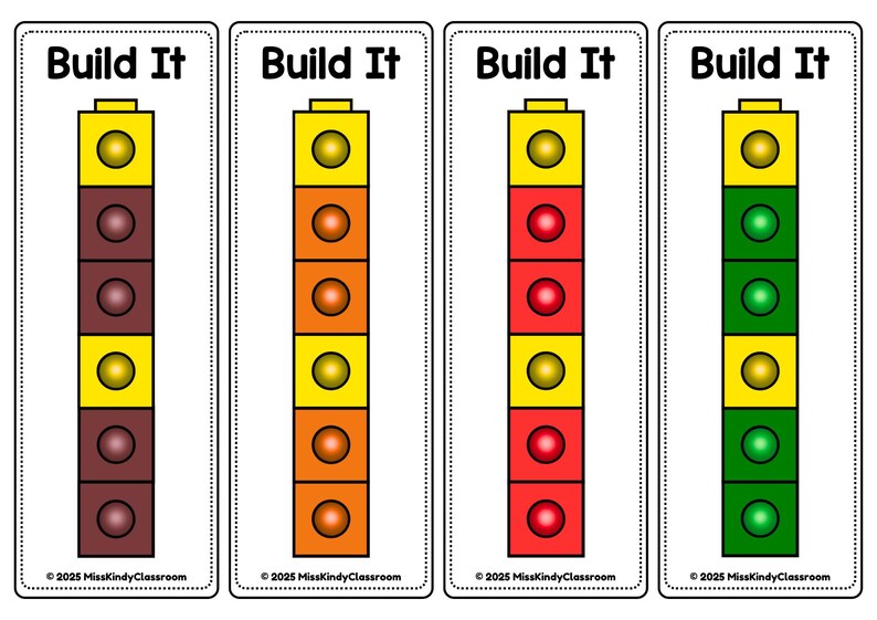 Op de afbeelding: Vier kaarten met de tekst "Build It" bovenaan. Elke kaart toont een verticale stapel kleurrijke blokken. De blokken zijn geel, bruin, oranje, rood en groen. De onderkant van elke kaart heeft de tekst "&copy; 2025 MissKindyClassroom".