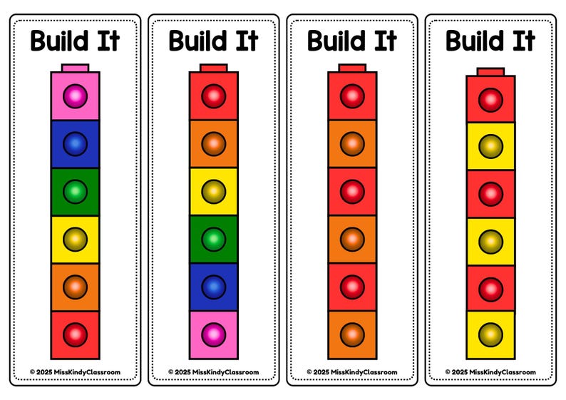 Op de afbeelding: Vier rechthoekige kaarten met de tekst "Build It" bovenaan. Elke kaart toont een kleurrijke toren van blokken. De blokken zijn in verschillende kleuren, waaronder roze, blauw, groen, geel, oranje en rood. De onderkant van elke kaart heeft de tekst "&copy; 2025 MissKindyClassroom".