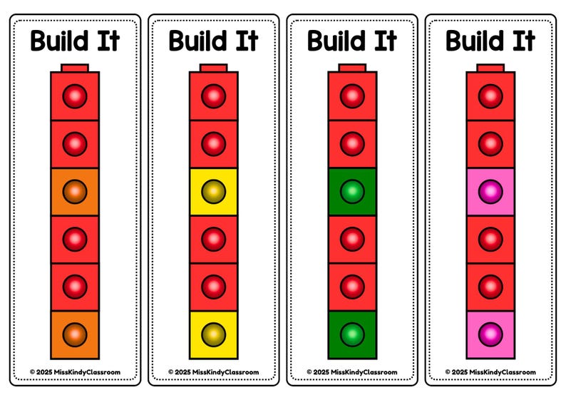 Op de afbeelding: Vier educatieve kaarten met de tekst "Build It" bovenaan. Elke kaart toont een verticale stapel rode blokken met gekleurde cirkels. De kleuren zijn oranje, geel, groen en roze. De onderkant van elke kaart heeft de tekst "&copy; 2025 MissKindyClassroom".