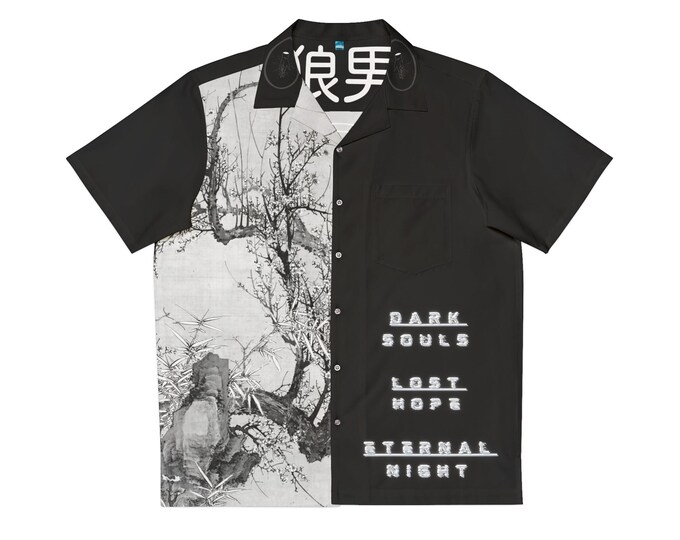 Japanese Print Men's Hawaiian Shirt, Street Wear Style Nue Gothic, Unique Aloha Button Up Tee - Alternative Clothing, Urban Tropical