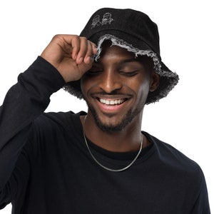Embroidered Distressed denim bucket hat