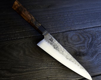 Gyuto 210 mm Hartstahl, Griff aus türkischer Walnusswurzel und afrikanischem Grenadillholz