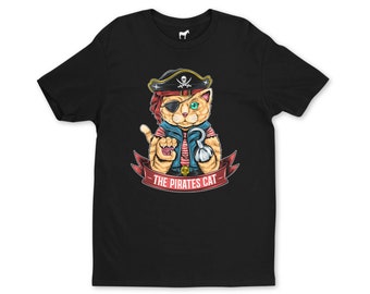 May include: Black t-shirt with a cartoon illustration of a cat dressed as a pirate. The cat is wearing a red bandana, an eye patch, and a pirate hat with a skull and crossbones. The cat is holding a hook in one paw and a red gem in the other. The text "THE PIRATES CAT" is printed below the cat.
