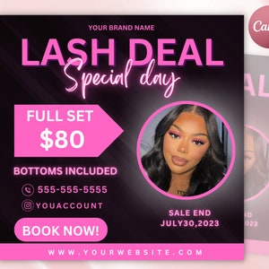 Może przedstawiać: Różowo-czarna grafika z tekstem "LASH DEAL Special day" i "FULL SET 80€ BOTTOMS INCLUDED". Grafika zawiera również numer telefonu, nazwę użytkownika na Instagramie i tekst "BOOK NOW! WWW.YOURWEBSITE.COM".