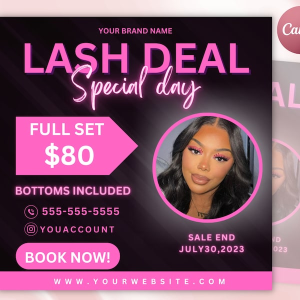 DIY Lash Deal Flyer | Lashes Extensions Makeup Sale Appointments MUA Social Media Instagram Editable Canva Template, Esthetician Lash Tech