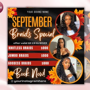 September Braids flyer, Fall Braids Special Flyer, Fall Season Flyer, Braids Flyer, Braids Special Deals, Braids Special Sale Flyer, canva