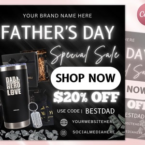 Pode incluir: Um anúncio de venda especial do Dia dos Pais com fundo preto e texto branco. O anúncio apresenta uma caneca de viagem preta e prateada com o texto "Dad Hero Love" nela, uma multiferramenta, um chaveiro e uma caixa preta. O texto "Shop Now" e "20% de desconto" está em branco com um efeito de brilho neon. O texto "Use o código: BESTDAD" também está incluído.