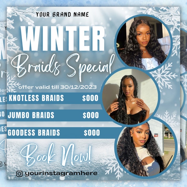 Winter Braids flyer, winter braids Special Flyer, Editable winter Season Sale Flyer, Braids Flyer, winter Holiday Flyer, Editable canva