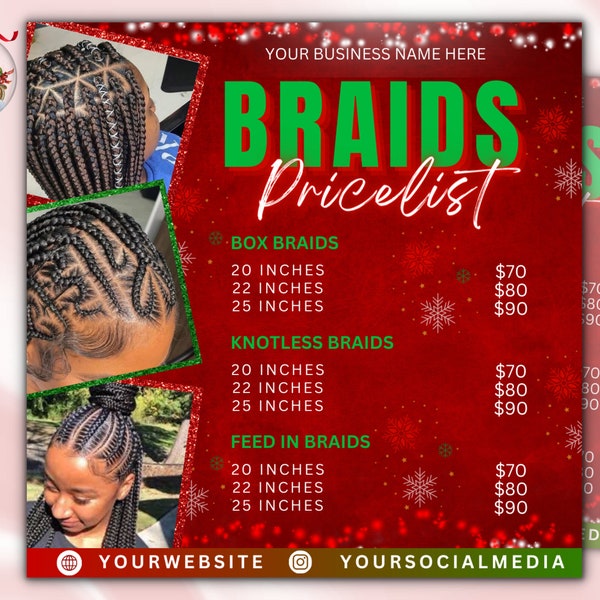 Christmas Flyer Braids Price List, Holiday Flyer, Beauty Salon Hair Stylist Pricing DIY Bundle Makeup Boutique Social Media Editable Canva