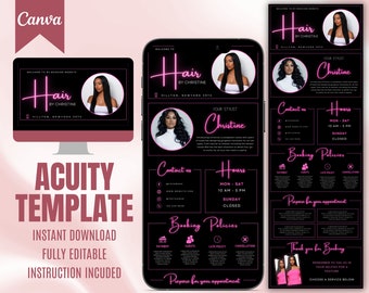 Puede incluir: Una plantilla de marketing digital negra y rosa para una estilista llamada Christine. La plantilla incluye información de contacto, horarios de atención, políticas de reserva y un mensaje de agradecimiento por la reserva. La plantilla está diseñada para ser utilizada con la plataforma de programación Acuity.