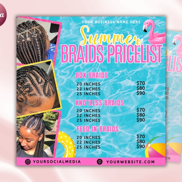 Summer Braids Price list Flyer, Summer Sale Flyer, Braid Price list Flyer, Braids Sale Flyer, Summer Flyer, Braids Special Flyer, canva