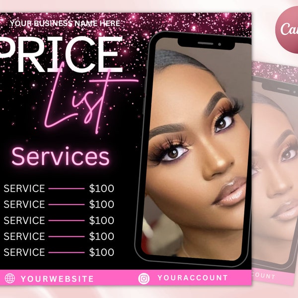 Lash Price List Flyer Templates | Beauty Salon Hair Stylist Pricing DIY Bundle Makeup MUA Design Boutique Social Media Editable Canva