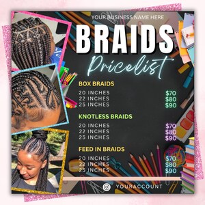 Back to School Braids Pricelist Flyer Template | Back 2 School Flyer, Braids Flyer, Box, Knotless, Feed-In Styles (Canva Editable)