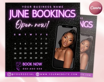 June Lash Flyer, June Book Now Flyer, Summer Book Now Appointments Beauty Hair Lashes Wigs Make Up Nails Social Media Canva Flyer Template