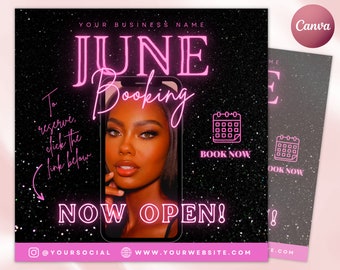 June Bookings Now Available Flyer, DIY Summer Book Now Appointments Beauty Hair Lashes Wigs Make Up Nails Social Media Canva Flyer Template