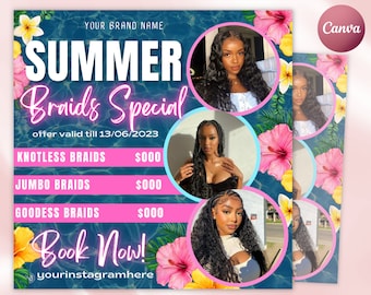 Summer Braid Sale Flyer, Summer Sale Flyer, Braid Prices Flyer, Braids Sale Flyer, Hair Flyer, Lashes Flyer, Braids Special Flyer Template