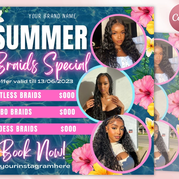 Summer Braid Sale Flyer, Summer Sale Flyer, Braid Prices Flyer, Braids Sale Flyer, Hair Flyer, Lashes Flyer, Braids Special Flyer Template