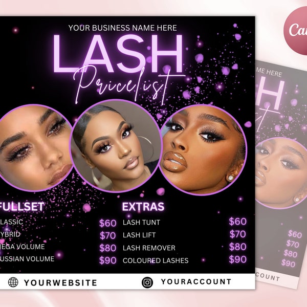 Lash Price List | Braids Price List Flyer Templates | Beauty Salon Hair Stylist Pricing DIY Bundle Makeup MUA Design Boutique Editable Canva