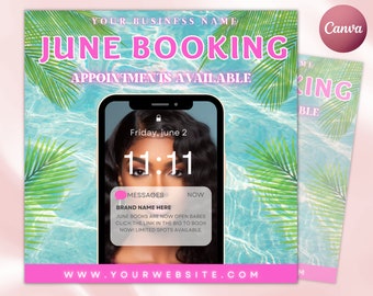 June Book Now Flyer, June Lash Flyer, Summer Book Now Appointments Beauty Hair Lashes Wigs Make Up Nails Social Media Canva Flyer Template