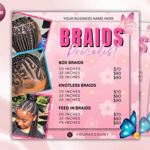 April Braids Price List Flyer Templates |Beauty Salon Hair Stylist Pricing DIY Bundle Makeup MUA Design Boutique Social Media Editable Canva