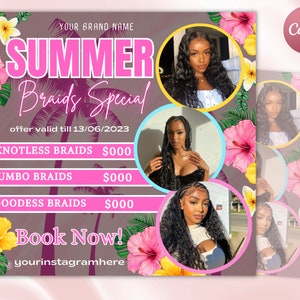 Summer Braid Sale Flyer, Summer Sale Flyer, Braid Prices Flyer, Braids Sale Flyer, Hair Flyer, Lashes Flyer, Braids Special Flyer Template