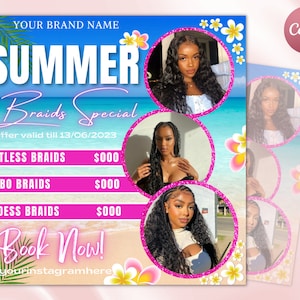 Summer Braid Sale Flyer, Summer Sale Flyer, Braid Prices Flyer, Braids Sale Flyer, Hair Flyer, Lashes Flyer, Braids Special Flyer Template