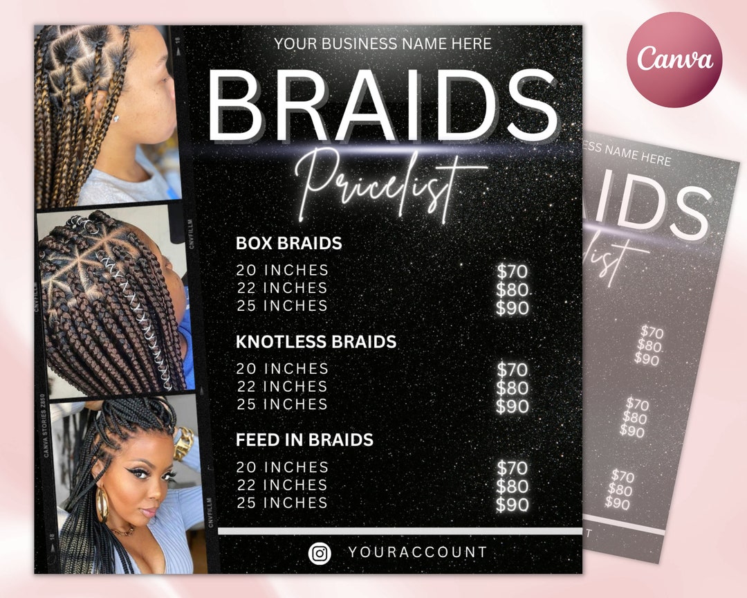 Braids Price List Flyer Templates Beauty Salon Hair Stylist Pricing DIY Braids Price List Flyer Templates Beauty Salon Hair Stylist Pricing DIY